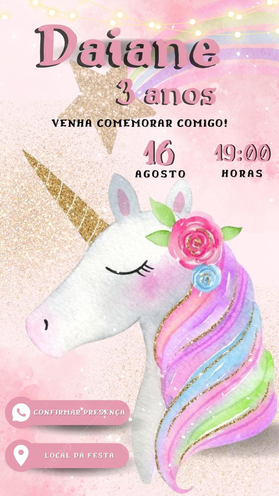 Convite de aniversário infantil Unicórnio Rosa e Dourado Editável no Canva