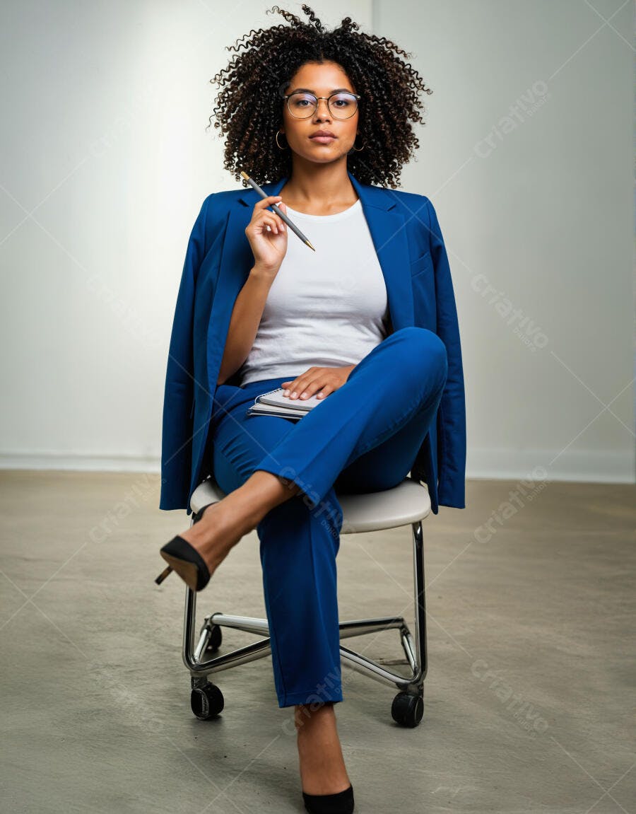 Executiva negra em terno azul pensativa