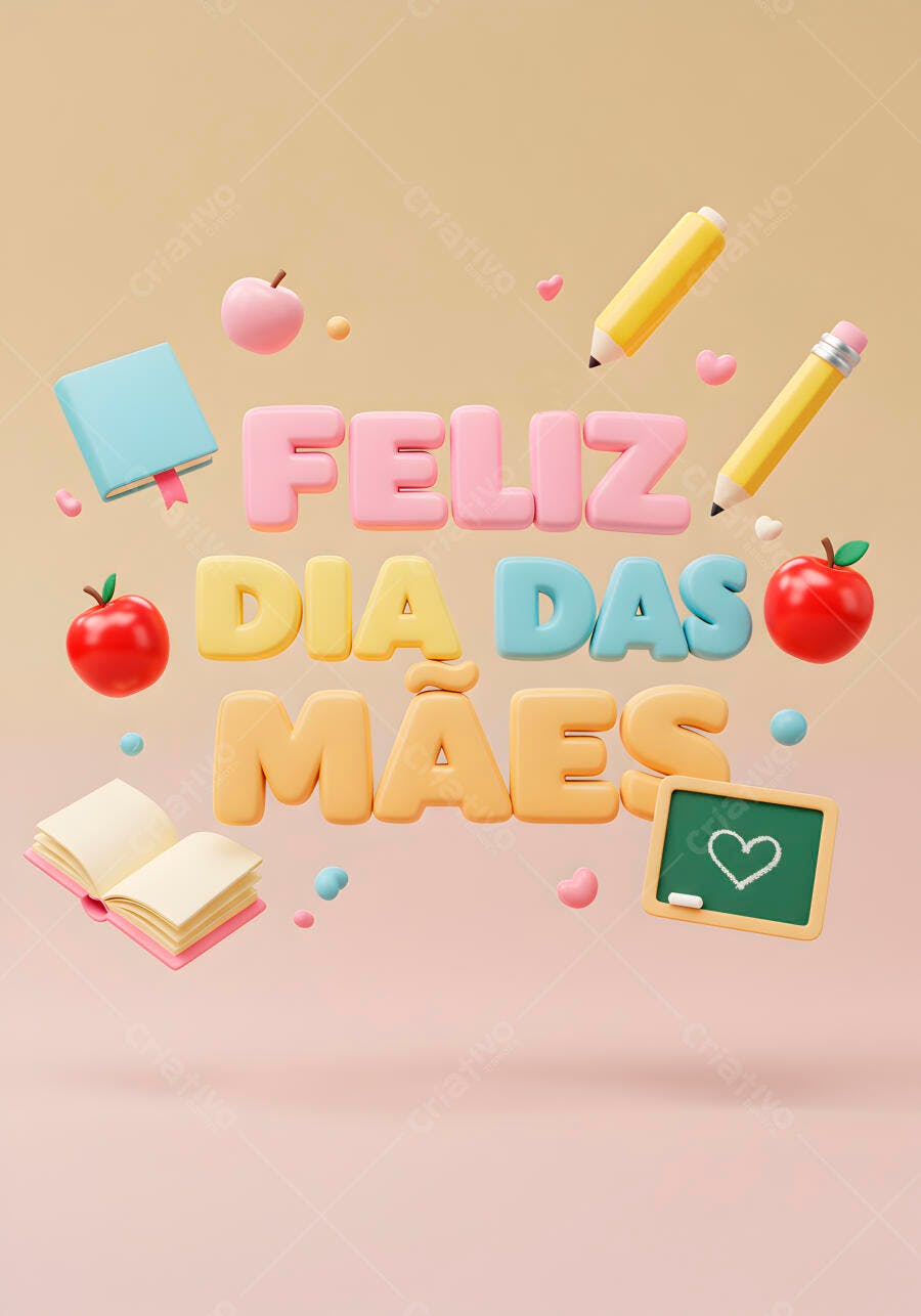 Feliz Dia das Mães com livros maçãs e lápis