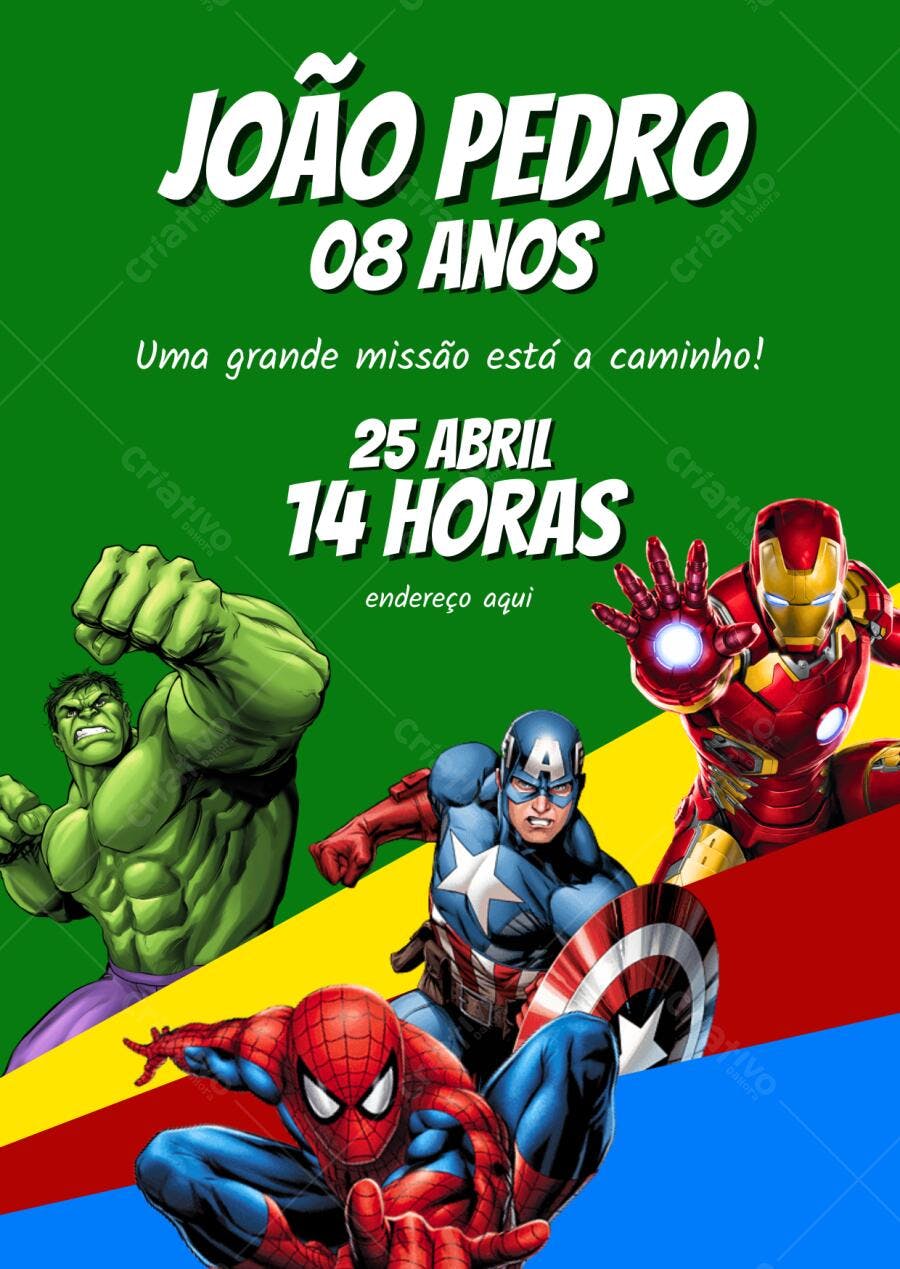 Convite de Aniversário Heróis Marvel Editável no Canva
