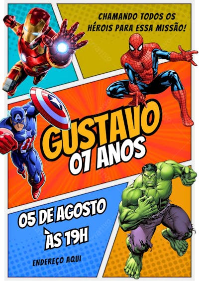 Convite de aniversário infantil super herói chamando todos os heróis