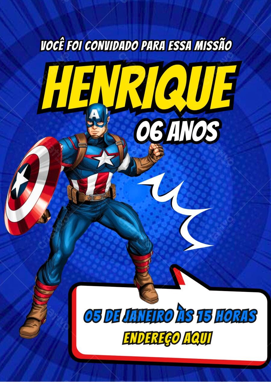 Convite de Aniversário Capitão América 6 anos Editável no Canva