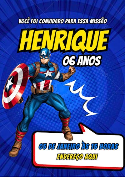 Convite de aniversário infantil super herói capitão américa