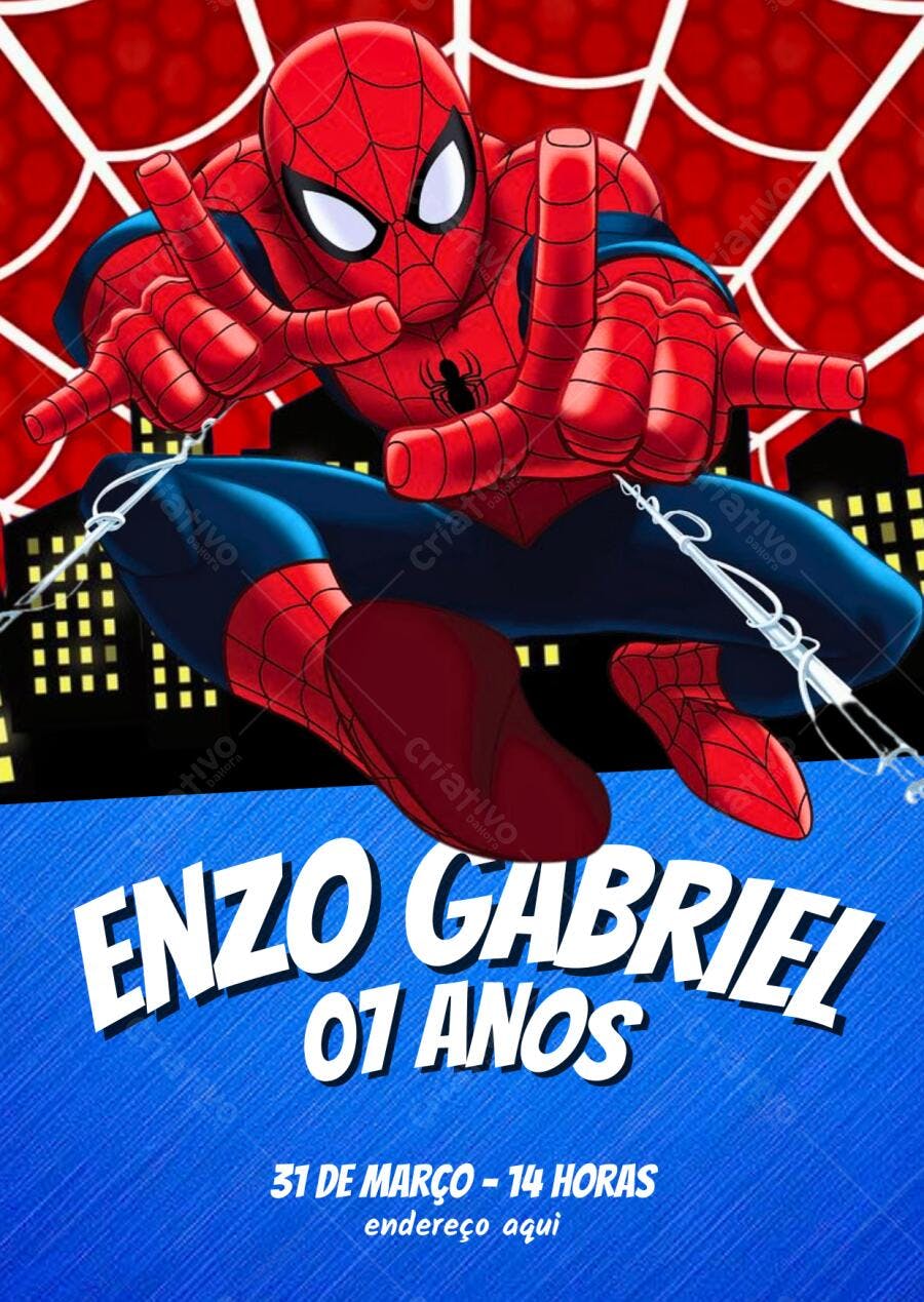 Convite de aniversário Homem Aranha Vermelho e Azul Editável no Canva