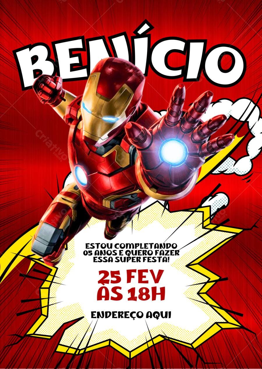 Convite de Aniversário Infantil Homem de Ferro Editável no Canva