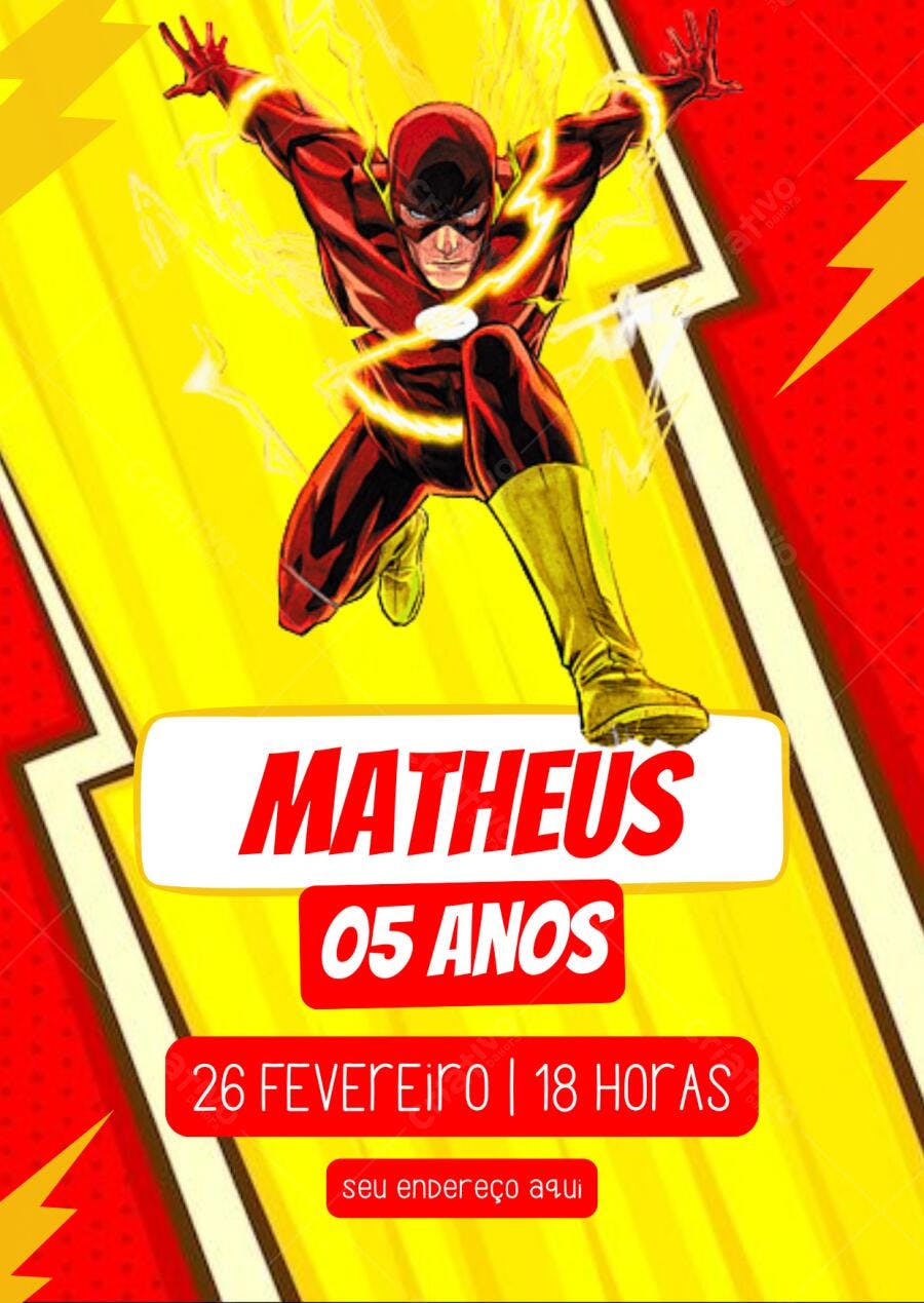 Convite de Aniversário Flash Vermelho e Amarelo Editável no Canva