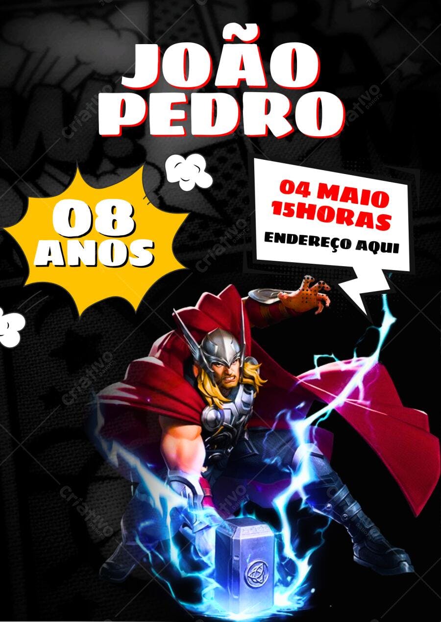 Convite de Aniversário Thor Marvel Editável no Canva