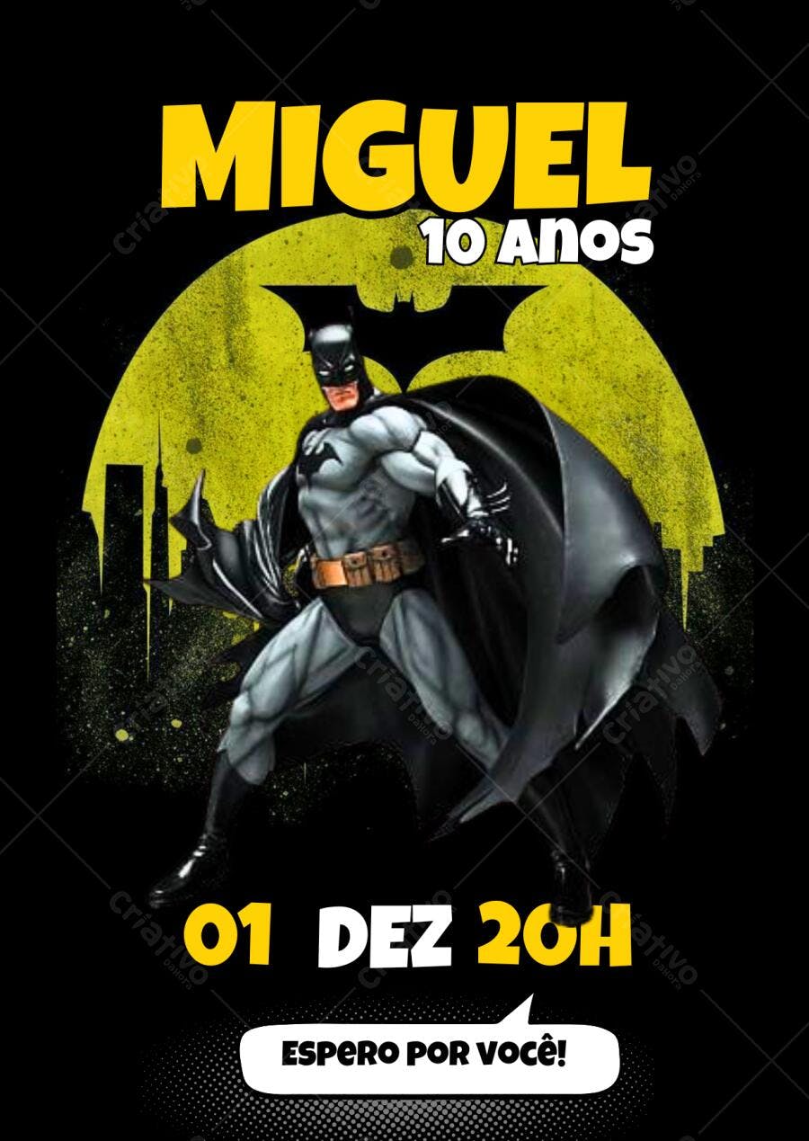 Convite de Aniversário Infantil Batman Preto e Amarelo Editável no Canva