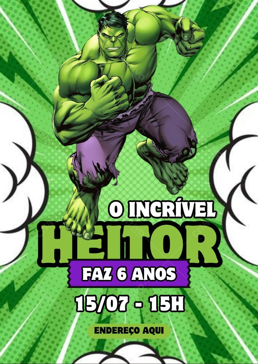 Convite de Aniversário Hulk Verde Editável no Canva