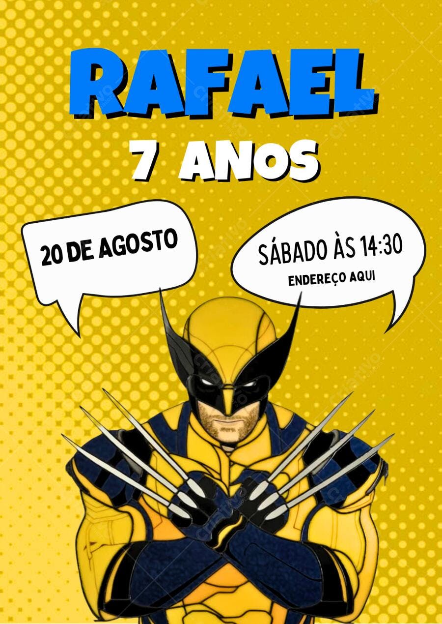 Convite de Aniversário Infantil Wolverine Amarelo Editável no Canva