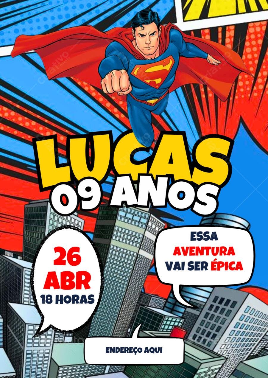 Convite de Aniversário Superman estilo Comic Editável no Canva