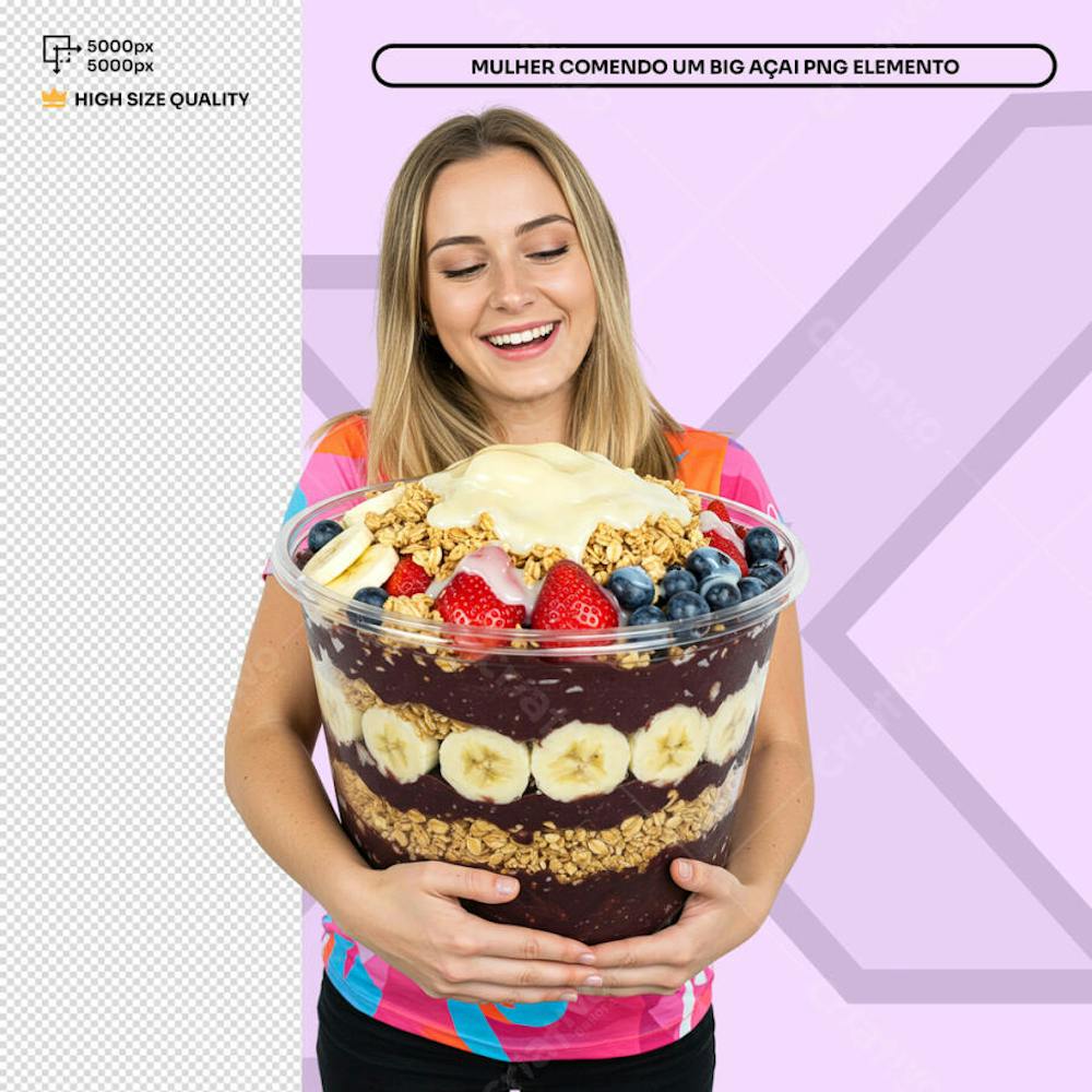 Mulher apaixonada segurando Big Açai  Elemento PSD Social Media
