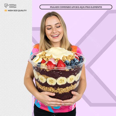 Mulher apaixonada segurando Big Açai  Elemento PSD Social Media
