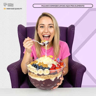 Mulher Sentada com Big Açai  Elemento PSD Social Media
