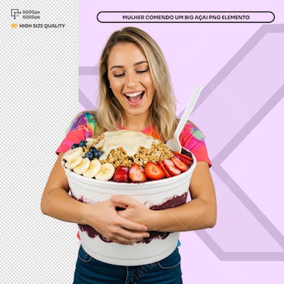 Mulher sentada Big Açai Comendo   Elemento PSD Social Media