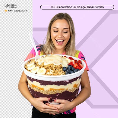 Mulher sentada Big Açai segurando  Elemento PSD Social Media