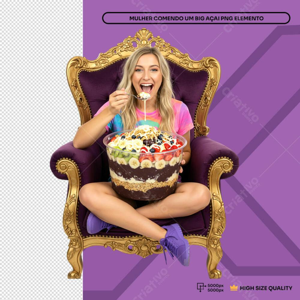 Comendo um Grande Açai Mulher sentada  Elemento PSD Social Media