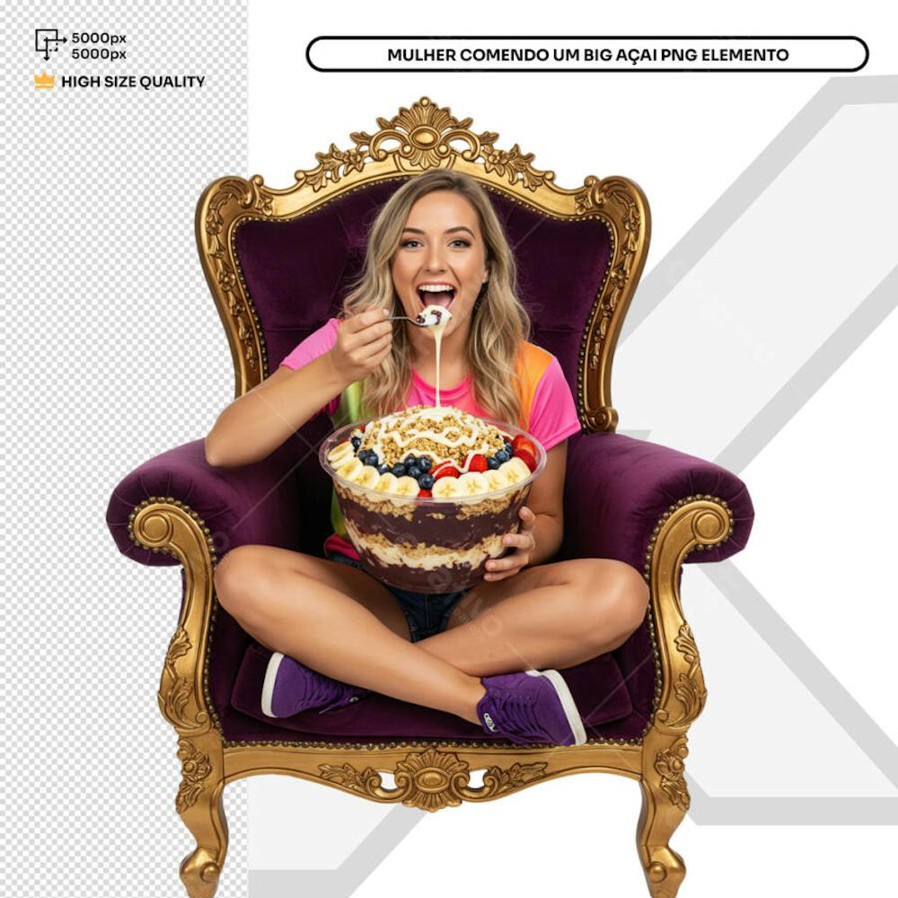 Comendo Grande Açai   Mulher sentada  Elemento PSD Social Media