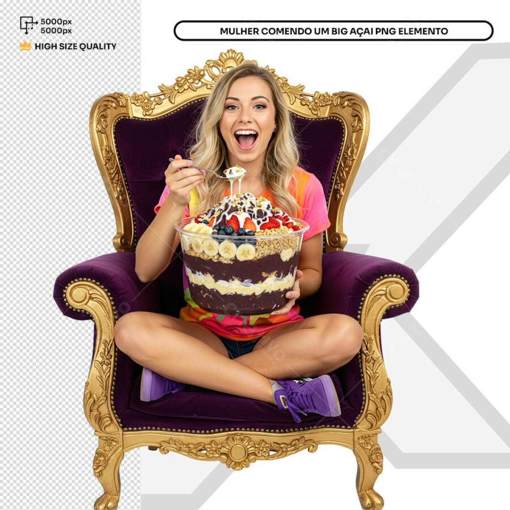 Comendo Big Açai  Mulher sentada  Elemento PSD Social Media