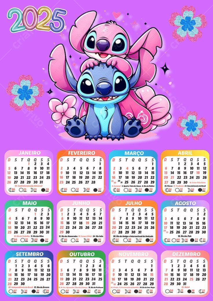 Calendário 2025 Stitch e Angel Rosa e Azul