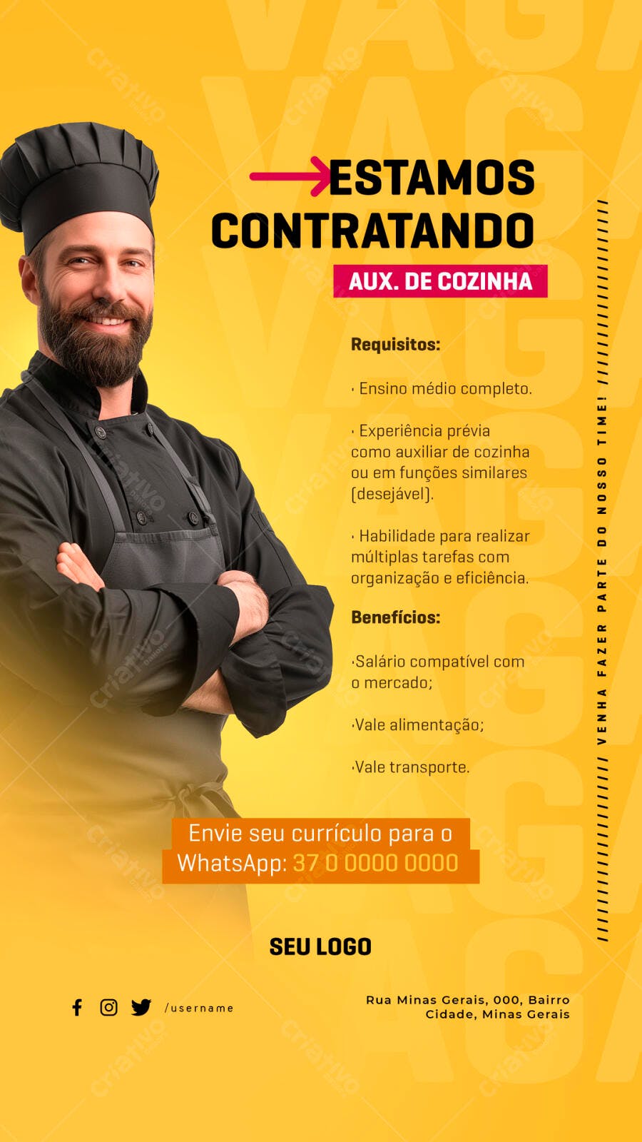 Flyer Vaga Auxiliar de Cozinha PSD Editável