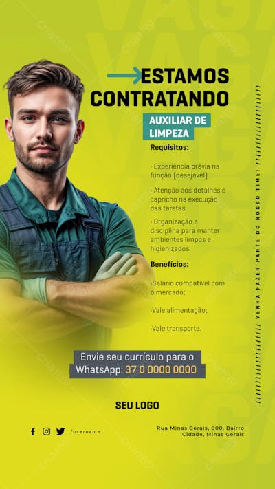 PSD EDITÁVEL - VAGAS DE EMPREGO - CONTRATA-SE - AUXILIAR DE LIMPEZA 03-25