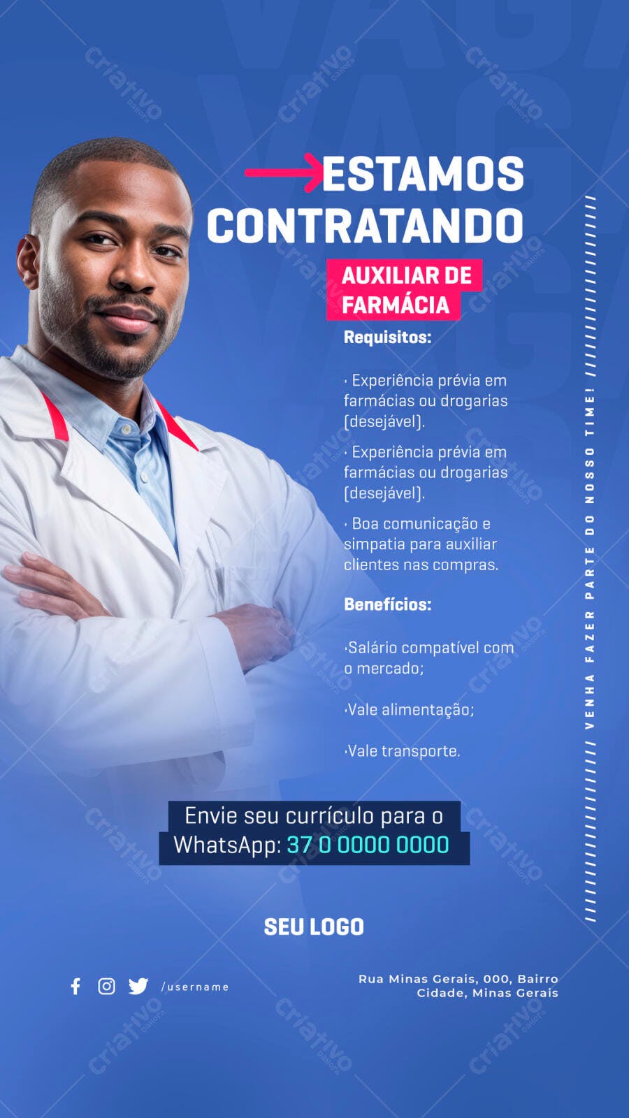 Flyer Vaga Auxiliar de Farmácia PSD Editável