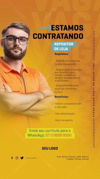 PSD EDITÁVEL - VAGAS DE EMPREGO - CONTRATA-SE - REPOSITOR DE LOJA 03-25