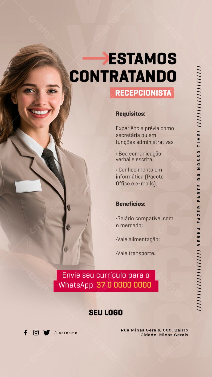Flyer Vaga de Recepcionista PSD Editável