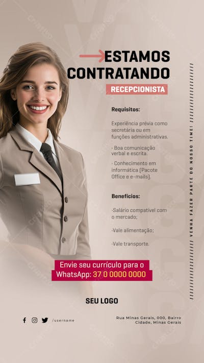 PSD EDITÁVEL - VAGAS DE EMPREGO - CONTRATA-SE - RECEPCIONISTA 03-25