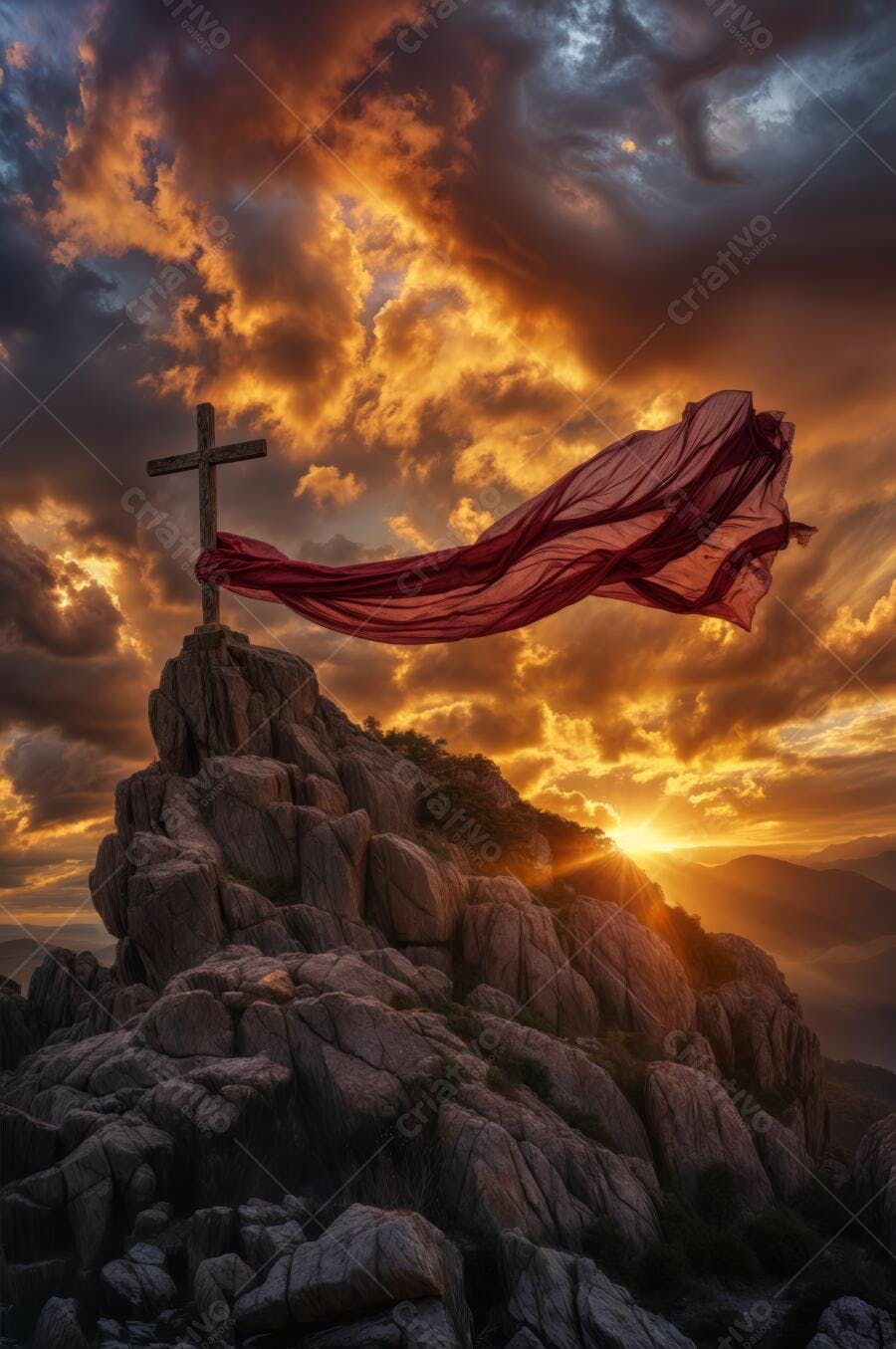 Cruz em montanha ao pôr do sol