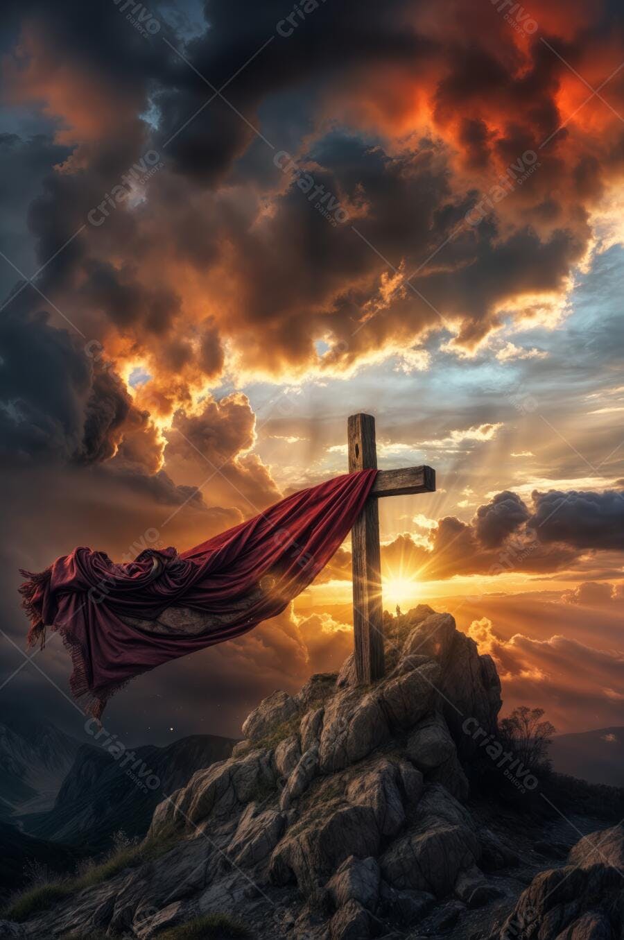Cruz de madeira ao entardecer com tecido vermelho
