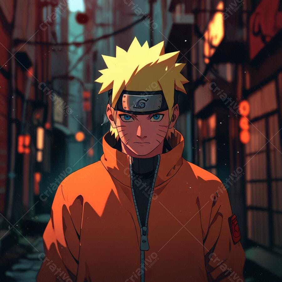 Naruto em rua noturna de cidade asiática