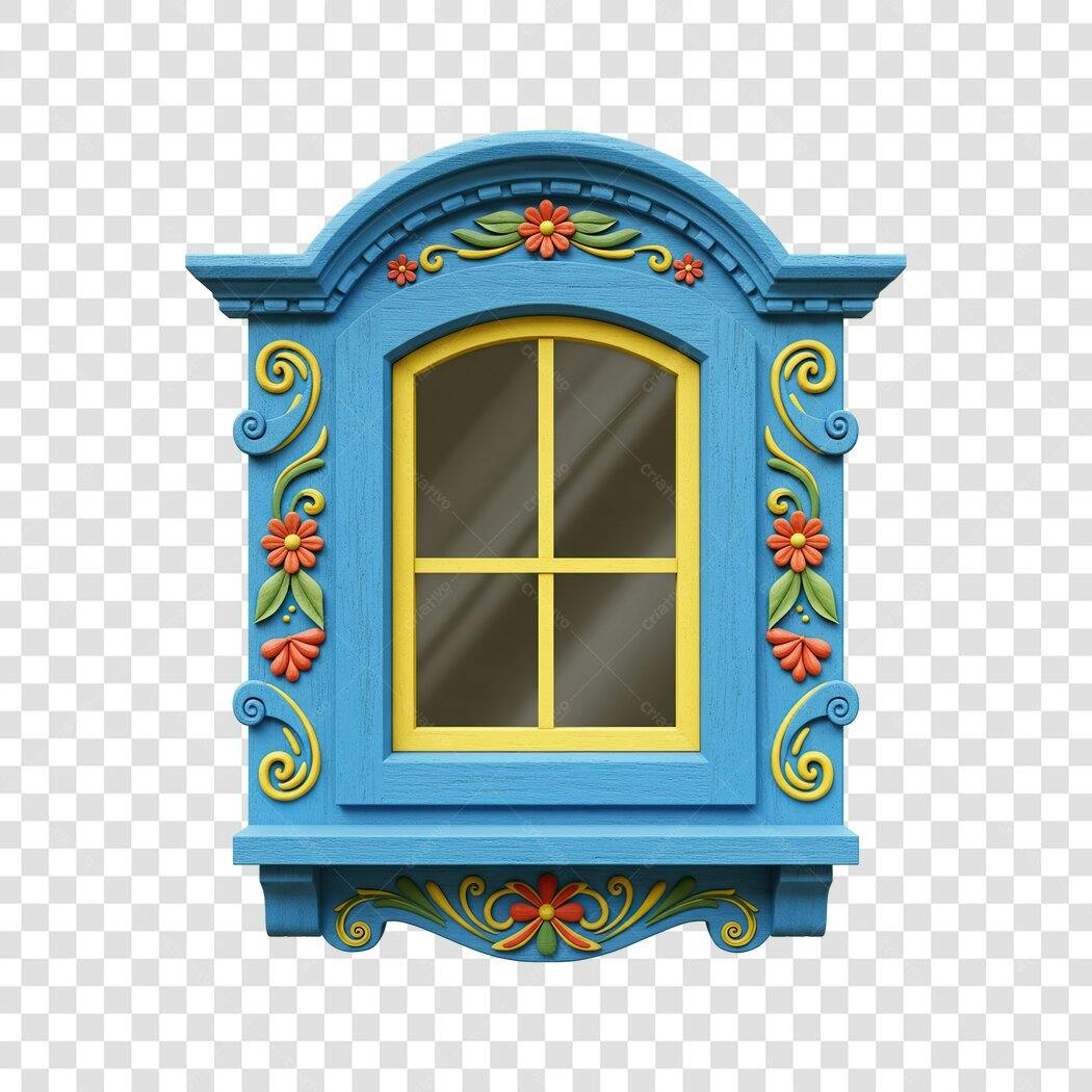 PNG Janela Decorativa Azul Amarelo Flores PNG com fundo transparente