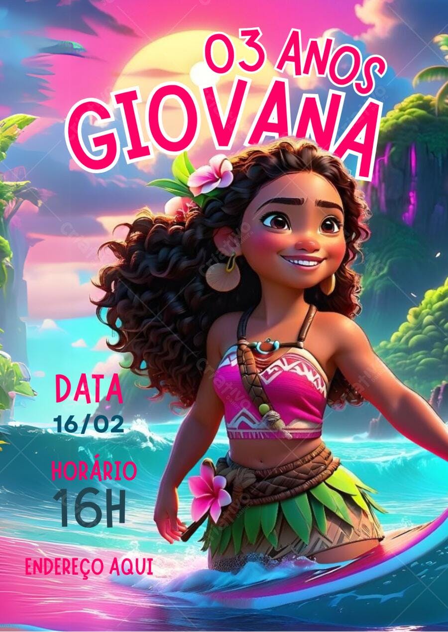 Convite de Aniversário Infantil Moana Rosa e Pink Editável no Canva