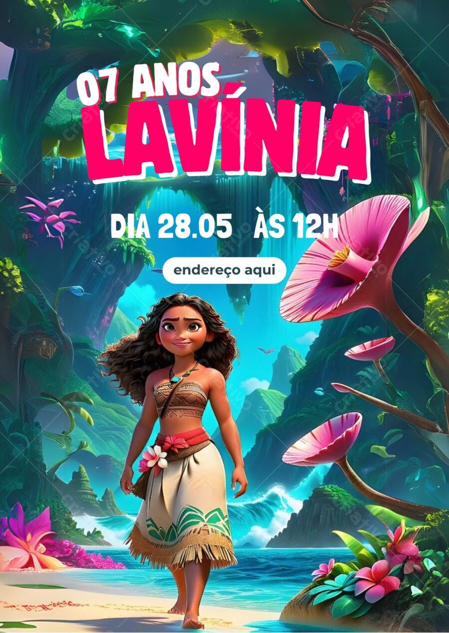 Convite de Aniversário Moana Ilhas Paradisíacas Editável no Canva
