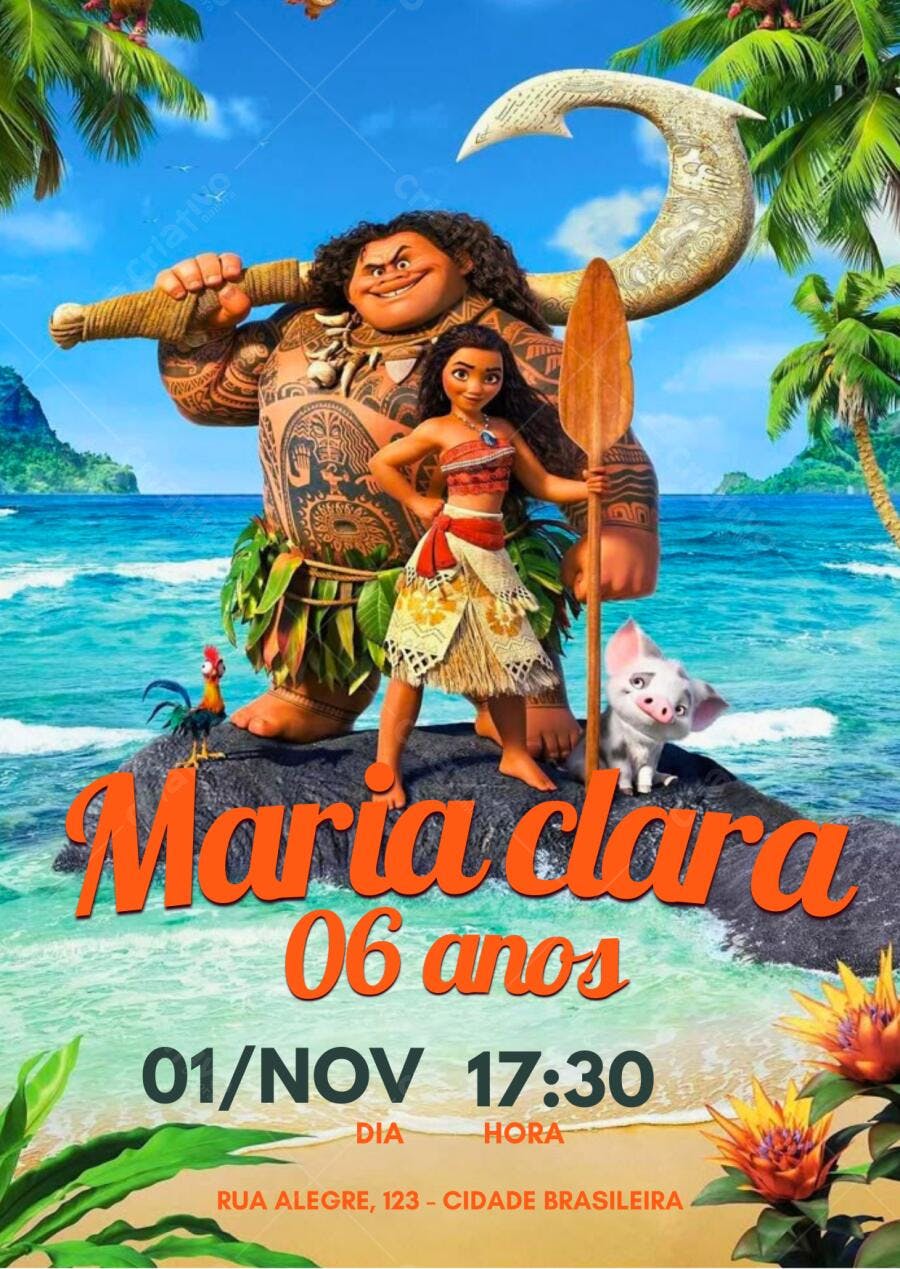 Convite de Aniversário Moana e Maui Editável no Canva