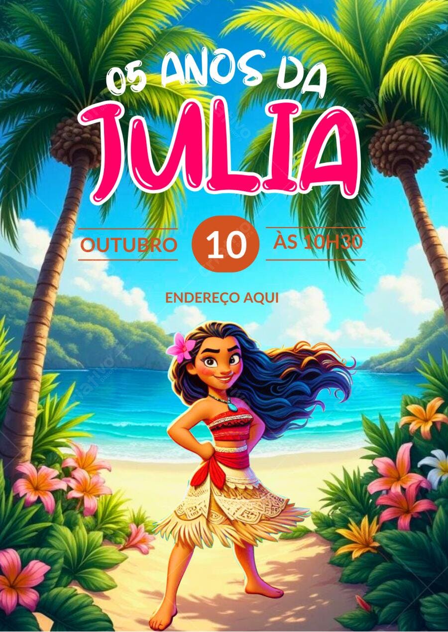 Convite de Aniversário Infantil Moana Festa na Praia Editável no Canva