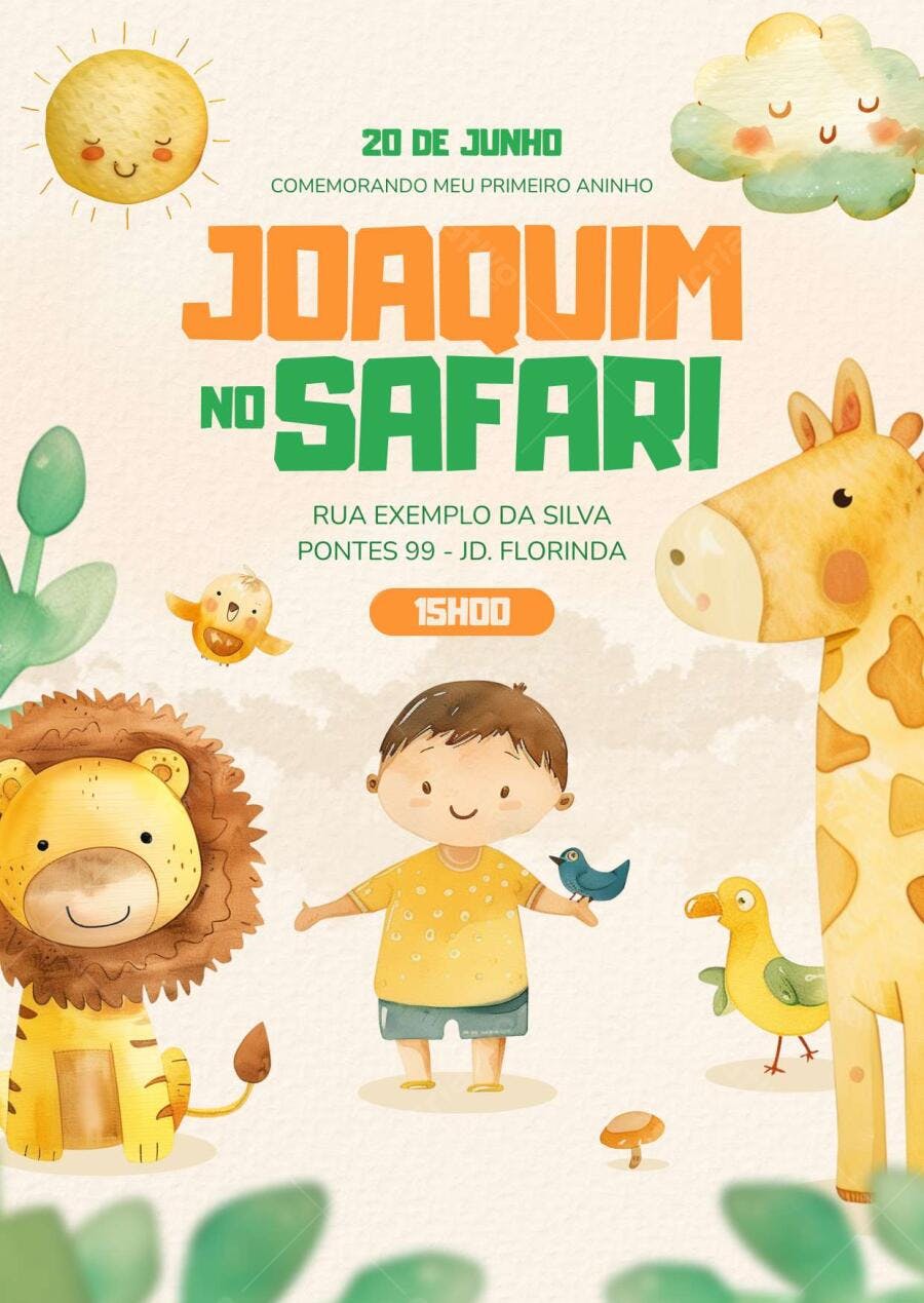 Convite de aniversário Safari para menino Editável no Canva