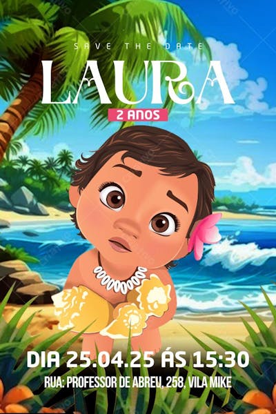 Convite de Aniversário Infantil da Moana Baby Editável no Canva