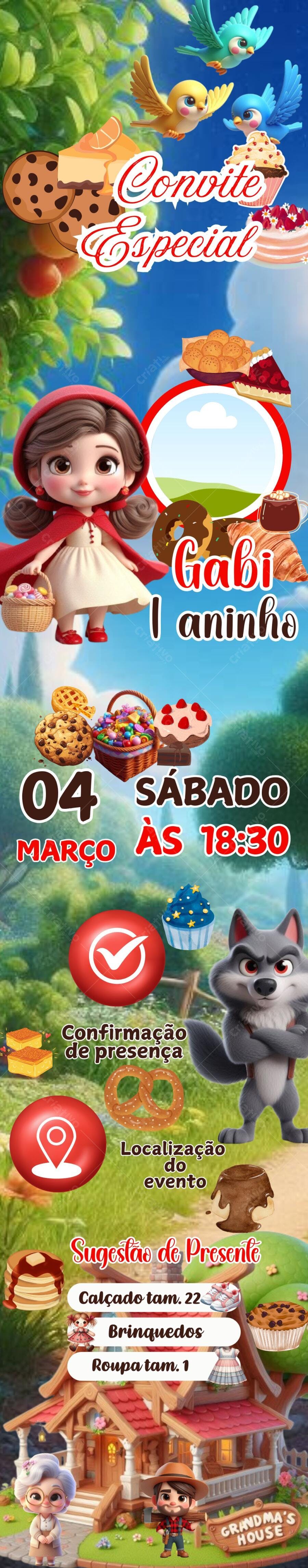 Convite Aniversário Infantil Chapeuzinho Vermelho Editável no Canva