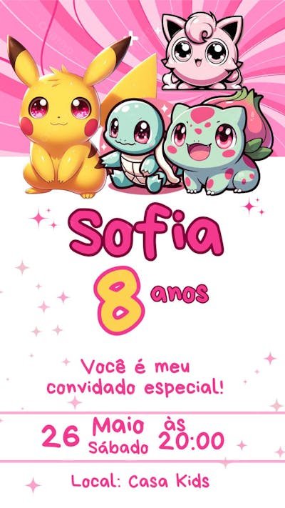 convite editavel no canva pelo celular feminino rosa pink pokemon