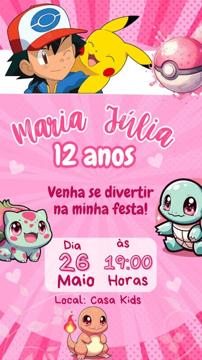 convite editavel no canva pelo celular feminino rosa pink pokemon