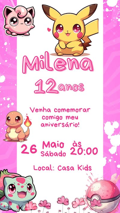 convite editavel no canva pelo celular feminino rosa pink pokemon