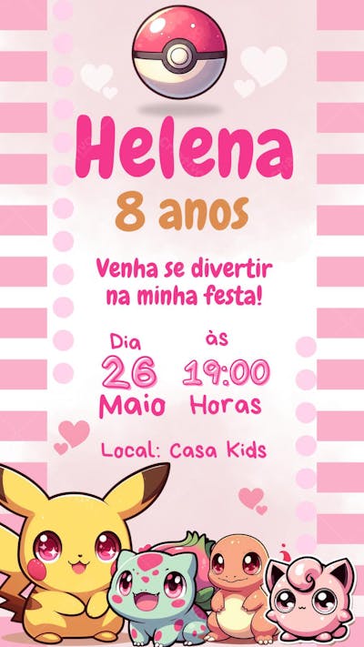convite editavel no canva pelo celular feminino rosa pink pokemon