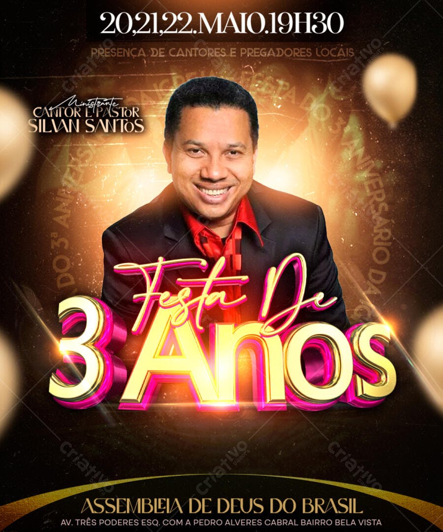 Flyer Festa de 3 Anos Igreja PSD Editável