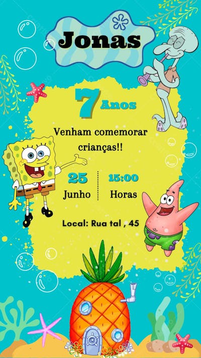 convite infantil canva bob esponja
