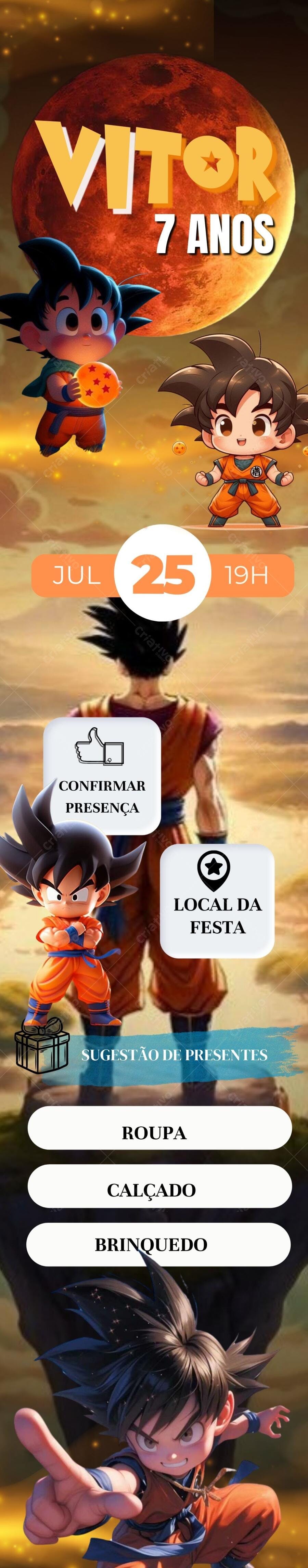 Convite de aniversário infantil Dragon Ball Z Editável no Canva