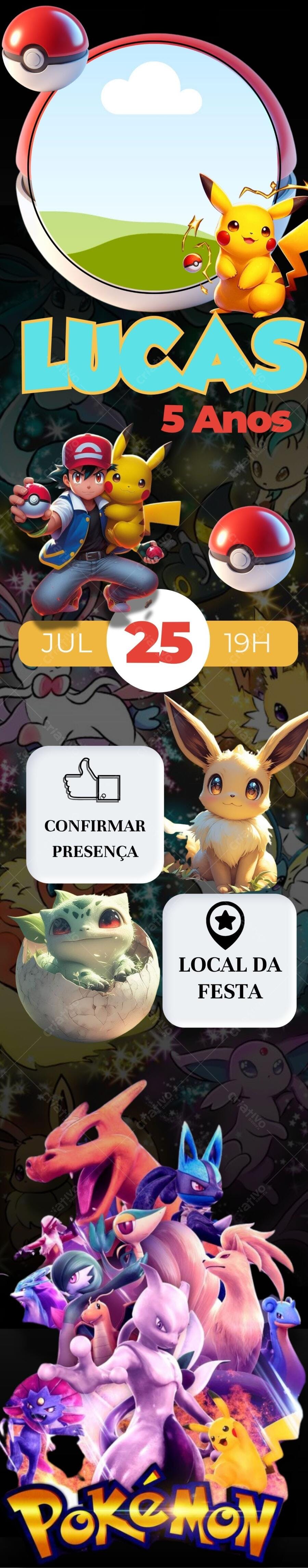 Convite de Aniversário Pokémon 5 anos Editável no Canva
