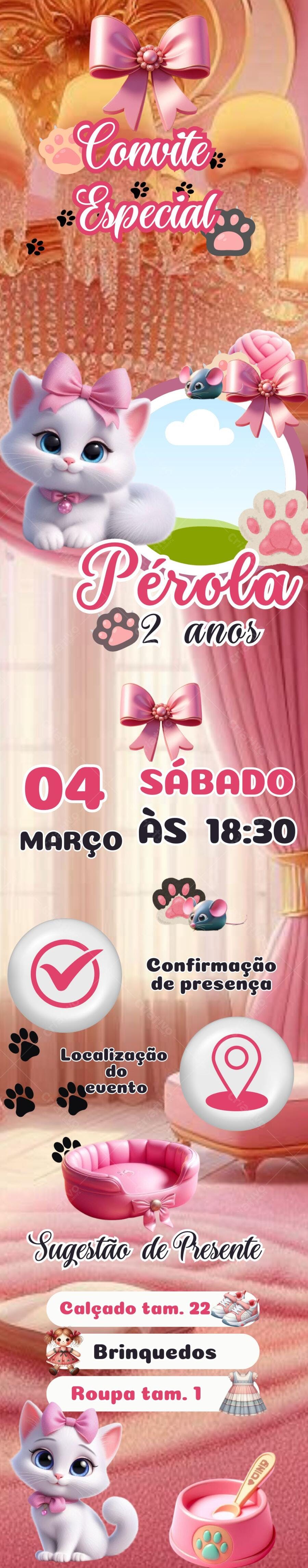 Convite Aniversário Infantil Pérola 2 Anos Rosa Gatinha Canva Editável